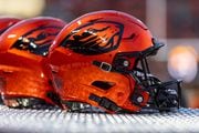 Orange Beavers helmets as No. 19 Oregon State faces the No. 10 Utah Utes in a college football game at Reser Stadium in Corvallis, Oregon on Friday, Sept. 29, 2023. 