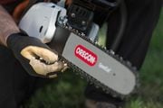 A chainsaw with "Oregon" printed on an Oregon Tool guide bar.