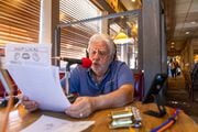 Al Wynn hosts his daily radio show, Coffee Break on KODL, in a booth at Cousins’ Restaurant in The Dalles, Oregon on Wednesday, Sept. 13, 2023. 