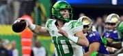 Oregon quarterback Bo Nix looks to pass against Washington during the first half of the Pac-12 championship NCAA college football game Friday, Dec. 1, 2023, in Las Vegas.