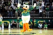 The Duck mascot dances during a break as the No. 10 Oregon women face the Idaho State Bengals in a non-conference college basketball game at Matthew Knight Arena in Eugene, Oregon on Tuesday, Nov. 9, 2021.