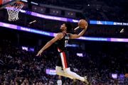 Portland Trail Blazers guard Shaedon Sharpe goes up for a dunk against the Golden State Warriors during the first half of an NBA basketball game in San Francisco, Wednesday, Dec. 6, 2023. (AP Photo/Jed Jacobsohn) AP