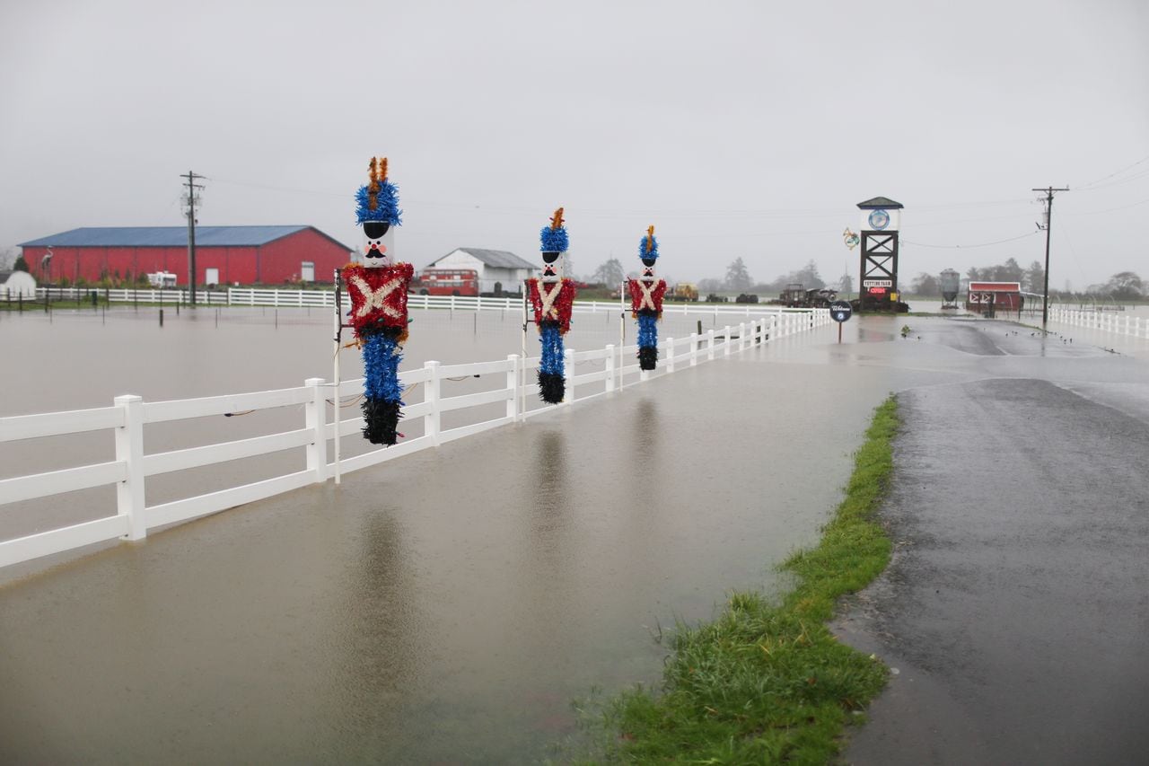 Heavy rain causes high water and flooding along Highway 101 in Tillamook, Oregon