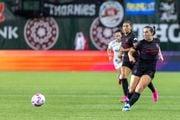 Portland Thorns midfielder Sam Coffey (#17) passes ahead during a semifinal match of the NWSL playoffs against  NJ/NY Gotham FC at Providence Park on Sunday, Nov. 5 2023. 