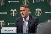 New Portland Timbers head coach Phil Neville is introduced to the media during a press conference at Providence Park in Portland, Oregon on Tuesday, Nov. 7, 2023.