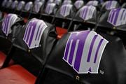 The Mountain West logo is seen on seat backs before a semifinal game between San Diego State and the San Jose State Spartans in the Mountain West basketball tournament at the Thomas & Mack Center on March 10, 2023, in Las Vegas. (Photo by David Becker/Getty Images)