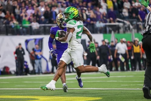 Oregon running back Jordan James scores a touchdown in the third quarter as the No. 5 Ducks take on the No. 3 Washington Huskies in the Pac-12 championship game on Friday, Dec. 1, 2023, at Allegiant Stadium in Las Vegas.