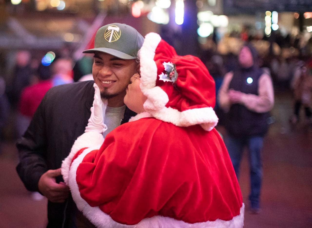 Annual tree lighting ceremony held at Pioneer Courthouse Square in Portland