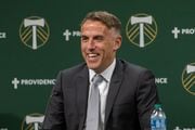 New Portland Timbers head coach Phil Neville is introduced to the media during a press conference at Providence Park in Portland, Oregon on Tuesday, Nov. 7, 2023.