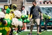 EUGENE, OR - APRIL 29: Head Coach Dan Lanning of the Oregon Ducks looks on during warm ups before the Oregon Ducks Spring Football game at Autzen Stadium on April 29, 2023 in Eugene, Oregon. (Photo by Ali Gradischer/Getty Images)