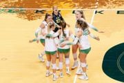 The Oregon Ducks react after getting a point during the second set of the game against the Southeastern Louisiana Lady Lions in the first round of the NCAA volleyball tournament on Thursday, Nov. 30, 2023, at Matthew Knight Arena in Eugene.