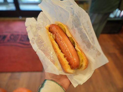 an outstretched hand holding a hot dog with pickles, mustard and onions wrapped in paper