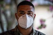 U.S. Air Force Staff Sgt. Robert Budhan of the 108th Force Support Squadron with his N95 mask on at Andover Subacute II, after the New Jersey National Guard was called in to help in May 2020.