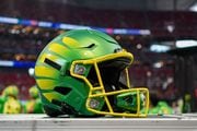 ATLANTA, GEORGIA - SEPTEMBER 03: An Oregon Ducks helmet sits on a road case during the Chick-fil-A Kickoff Game between Oregon and Georgia on September 03, 2022 in Atlanta, Georgia. (Photo by Paul Abell/Getty Images)