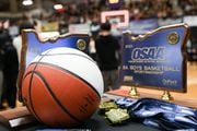 The OSAA Class 6A boys basketball state championship trophies