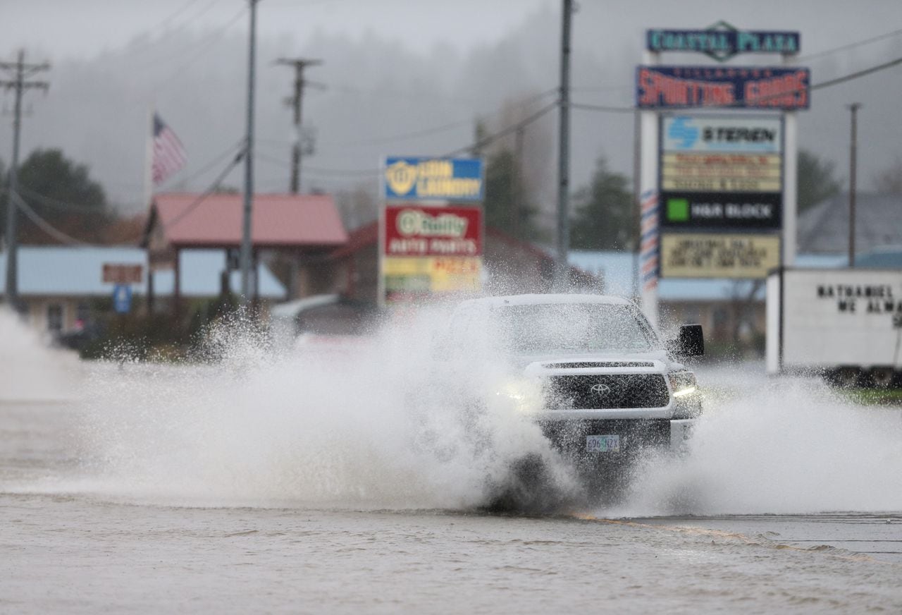Heavy rain causes high water and flooding along Highway 101 in Tillamook, Oregon