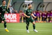 The Portland Timbers’ Sebastian Blanco celebrates a goal in the first half of a U.S. Open Cup tournament match against Real Salt Lake on Wednesday, May 10, 2023, at Providence Park in Portland.