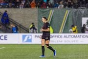 Portland Thorns forward Morgan Weaver (#22) yells in frustration after a missed opportunity on goal during a semifinal match of the NWSL playoffs against  NJ/NY Gotham FC at Providence Park on Sunday, Nov. 5 2023.