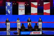 Republican presidential candidate Florida Gov. Ron DeSantis, third from left, speaks as former New Jersey Gov. Chris Christie, left, former U.N. Ambassador Nikki Haley and businessman Vivek Ramaswamy, right watch during a Republican presidential primary debate hosted by NewsNation on Wednesday, Dec. 6, 2023, at the Moody Music Hall at the University of Alabama in Tuscaloosa, Ala. (AP Photo/Gerald Herbert)