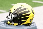MOBILE, AL - FEBRUARY 02: A general view of an Oregon Ducks helmet during the Reese's Senior Bowl team practice session on February 2, 2023 at Hancock Whitney Stadium in Mobile, Alabama.  (Photo by Michael Wade/Icon Sportswire via Getty Images)